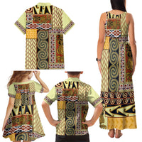 Yellow Aotearoa Kowhaiwhai Pattern Family Matching Tank Maxi Dress and Hawaiian Shirt NZ Maori Quilt Style