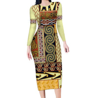 Yellow Aotearoa Kowhaiwhai Pattern Long Sleeve Bodycon Dress NZ Maori Quilt Style