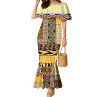 Yellow Aotearoa Kowhaiwhai Pattern Mermaid Dress NZ Maori Quilt Style