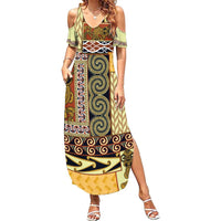 Yellow Aotearoa Kowhaiwhai Pattern Summer Maxi Dress NZ Maori Quilt Style