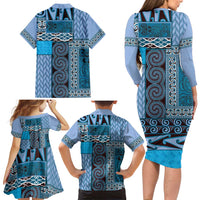 Blue Aotearoa Kowhaiwhai Pattern Family Matching Long Sleeve Bodycon Dress and Hawaiian Shirt NZ Maori Quilt Style