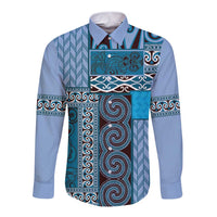 Blue Aotearoa Kowhaiwhai Pattern Long Sleeve Button Shirt NZ Maori Quilt Style LT14 Unisex Blue - Polynesian Pride