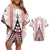 Aotearoa Taniko Couples Matching Off Shoulder Short Dress and Hawaiian Shirt Niho Taniwha Purapura Whetu Mix Poutama