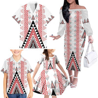 Aotearoa Taniko Family Matching Off The Shoulder Long Sleeve Dress and Hawaiian Shirt Niho Taniwha Purapura Whetu Mix Poutama