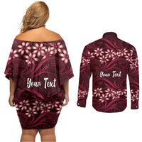 Personalised Cook Islands Mangaia Couples Matching Off Shoulder Short Dress and Long Sleeve Button Shirt Tiare Maori Polynesian Waves Tattoo