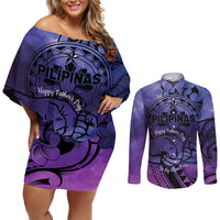 Philippines Father's Day Couples Matching Off Shoulder Short Dress and Long Sleeve Button Shirt Polynesian Tattoo Galaxy Vibes LT14 Blue - Polynesian Pride