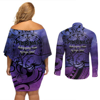 Philippines Father's Day Couples Matching Off Shoulder Short Dress and Long Sleeve Button Shirt Polynesian Tattoo Galaxy Vibes LT14 - Polynesian Pride
