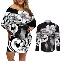 Guam Father's Day Couples Matching Off Shoulder Short Dress and Long Sleeve Button Shirt Chamorro Latte Stone Polynesian Pattern LT14 Black - Polynesian Pride