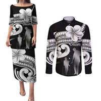 Guam Father's Day Couples Matching Puletasi and Long Sleeve Button Shirt Chamorro Latte Stone Polynesian Pattern LT14 Black - Polynesian Pride