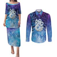 New Zealand Matariki Couples Matching Puletasi and Long Sleeve Button Shirt Aotearoa Maori New Year Manaia Galaxy Vibes LT14 Blue - Polynesian Pride