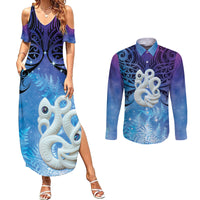 New Zealand Matariki Couples Matching Summer Maxi Dress and Long Sleeve Button Shirt Aotearoa Maori New Year Manaia Galaxy Vibes LT14 Blue - Polynesian Pride