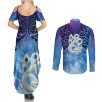 New Zealand Matariki Couples Matching Summer Maxi Dress and Long Sleeve Button Shirt Aotearoa Maori New Year Manaia Galaxy Vibes LT14 - Polynesian Pride