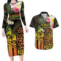 Personalised Vanuatu Independence Day Couples Matching Long Sleeve Bodycon Dress and Hawaiian Shirt Carving Drum Sand Drawing Turtle