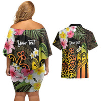 Personalised Vanuatu Independence Day Couples Matching Off Shoulder Short Dress and Hawaiian Shirt Carving Drum Sand Drawing Turtle