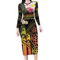 Personalised Vanuatu Independence Day Family Matching Long Sleeve Bodycon Dress and Hawaiian Shirt Carving Drum Sand Drawing Turtle