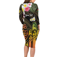 Personalised Vanuatu Independence Day Family Matching Long Sleeve Bodycon Dress and Hawaiian Shirt Carving Drum Sand Drawing Turtle