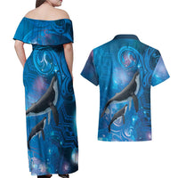 Paikea New Zealand Matariki Couples Matching Off Shoulder Maxi Dress and Hawaiian Shirt Humpback Whale Taniko Motifs Ocean Vibes
