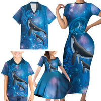 Paikea New Zealand Matariki Family Matching Short Sleeve Bodycon Dress and Hawaiian Shirt Humpback Whale Taniko Motifs Ocean Vibes