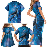 Paikea New Zealand Matariki Family Matching Short Sleeve Bodycon Dress and Hawaiian Shirt Humpback Whale Taniko Motifs Ocean Vibes