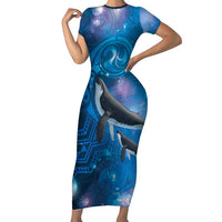 Paikea New Zealand Matariki Family Matching Short Sleeve Bodycon Dress and Hawaiian Shirt Humpback Whale Taniko Motifs Ocean Vibes