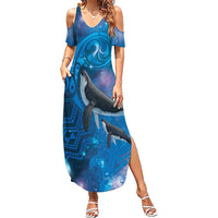 Paikea New Zealand Matariki Family Matching Summer Maxi Dress and Hawaiian Shirt Humpback Whale Taniko Motifs Ocean Vibes
