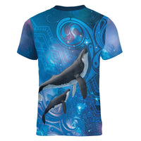 Paikea New Zealand Matariki Women V-Neck T-Shirt Humpback Whale Taniko Motifs Ocean Vibes