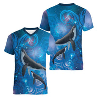 Paikea New Zealand Matariki Women V-Neck T-Shirt Humpback Whale Taniko Motifs Ocean Vibes