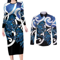 Piwakawaka New Zealand Matariki Couples Matching Long Sleeve Bodycon Dress and Long Sleeve Button Shirt Maori New Year Silver Fern Blue Galaxy