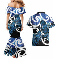 Piwakawaka New Zealand Matariki Couples Matching Mermaid Dress and Hawaiian Shirt Maori New Year Silver Fern Blue Galaxy