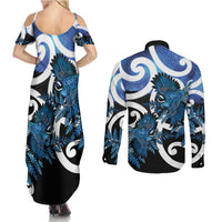 Piwakawaka New Zealand Matariki Couples Matching Summer Maxi Dress and Long Sleeve Button Shirt Maori New Year Silver Fern Blue Galaxy