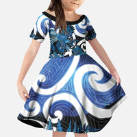 Piwakawaka New Zealand Matariki Family Matching Off The Shoulder Long Sleeve Dress and Hawaiian Shirt Maori New Year Silver Fern Blue Galaxy LT14 Daughter's Dress Blue - Polynesian Pride