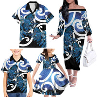 Piwakawaka New Zealand Matariki Family Matching Off The Shoulder Long Sleeve Dress and Hawaiian Shirt Maori New Year Silver Fern Blue Galaxy LT14 - Polynesian Pride