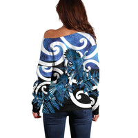 Piwakawaka New Zealand Matariki Off Shoulder Sweater Maori New Year Silver Fern Blue Galaxy