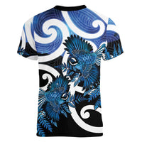 Piwakawaka New Zealand Matariki Women V-Neck T-Shirt Maori New Year Silver Fern Blue Galaxy