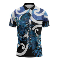 Piwakawaka New Zealand Matariki Zipper Polo Shirt Maori New Year Silver Fern Blue Galaxy