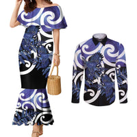 Piwakawaka New Zealand Matariki Couples Matching Mermaid Dress and Long Sleeve Button Shirt Maori New Year Silver Fern Purple Galaxy