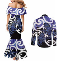 Piwakawaka New Zealand Matariki Couples Matching Mermaid Dress and Long Sleeve Button Shirt Maori New Year Silver Fern Purple Galaxy