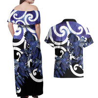 Piwakawaka New Zealand Matariki Couples Matching Off Shoulder Maxi Dress and Hawaiian Shirt Maori New Year Silver Fern Purple Galaxy