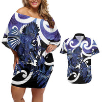 Piwakawaka New Zealand Matariki Couples Matching Off Shoulder Short Dress and Hawaiian Shirt Maori New Year Silver Fern Purple Galaxy
