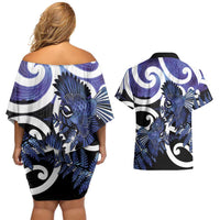 Piwakawaka New Zealand Matariki Couples Matching Off Shoulder Short Dress and Hawaiian Shirt Maori New Year Silver Fern Purple Galaxy