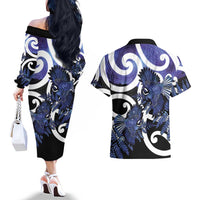 Piwakawaka New Zealand Matariki Couples Matching Off The Shoulder Long Sleeve Dress and Hawaiian Shirt Maori New Year Silver Fern Purple Galaxy