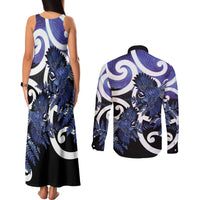 Piwakawaka New Zealand Matariki Couples Matching Tank Maxi Dress and Long Sleeve Button Shirt Maori New Year Silver Fern Purple Galaxy