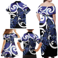 Piwakawaka New Zealand Matariki Family Matching Off Shoulder Maxi Dress and Hawaiian Shirt Maori New Year Silver Fern Purple Galaxy