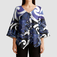 Piwakawaka New Zealand Matariki Kimono Sleeve Blouse Maori New Year Silver Fern Purple Galaxy