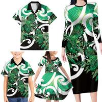 Piwakawaka New Zealand Matariki Family Matching Long Sleeve Bodycon Dress and Hawaiian Shirt Maori New Year Silver Fern Green Galaxy LT14 - Polynesian Pride