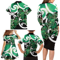 Piwakawaka New Zealand Matariki Family Matching Long Sleeve Bodycon Dress and Hawaiian Shirt Maori New Year Silver Fern Green Galaxy LT14 - Polynesian Pride