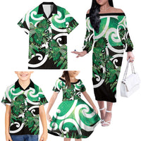 Piwakawaka New Zealand Matariki Family Matching Off The Shoulder Long Sleeve Dress and Hawaiian Shirt Maori New Year Silver Fern Green Galaxy LT14 - Polynesian Pride