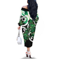 Piwakawaka New Zealand Matariki Family Matching Off The Shoulder Long Sleeve Dress and Hawaiian Shirt Maori New Year Silver Fern Green Galaxy LT14 - Polynesian Pride