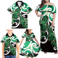 Piwakawaka New Zealand Matariki Family Matching Off Shoulder Maxi Dress and Hawaiian Shirt Maori New Year Silver Fern Green Galaxy