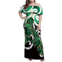 Piwakawaka New Zealand Matariki Family Matching Off Shoulder Maxi Dress and Hawaiian Shirt Maori New Year Silver Fern Green Galaxy